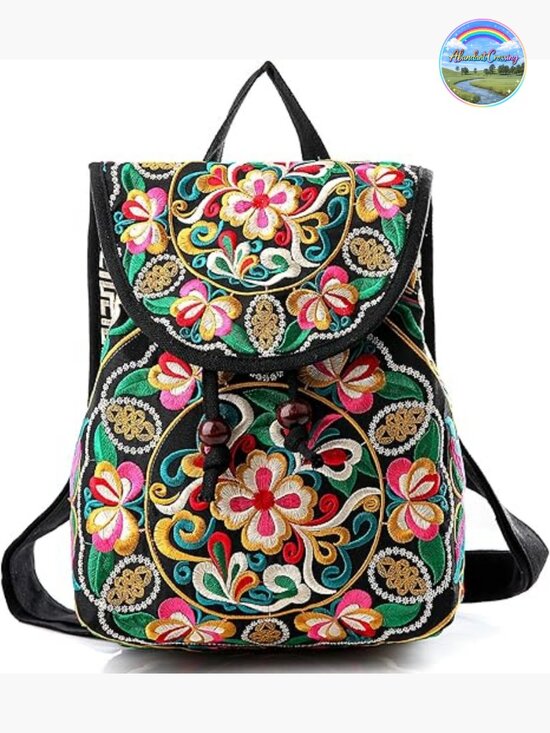 Floral Embroidery Canvas Drawstring Backpack, Vintage Daypack Travel Shoulder main image 4